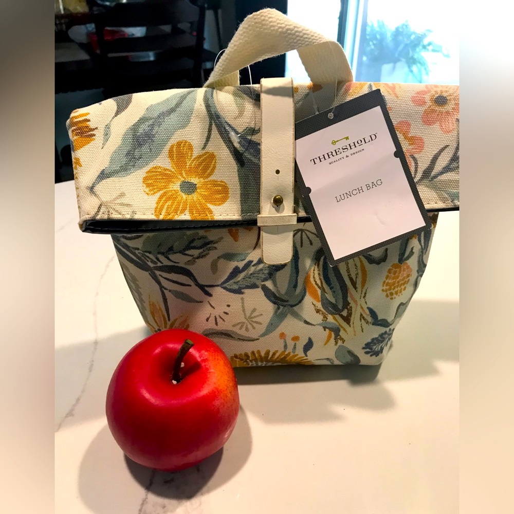 Threshold Printed Roll-Top Lunch Bag Tan, Gold, Blue, Gray Floral Lunch Tote NEW